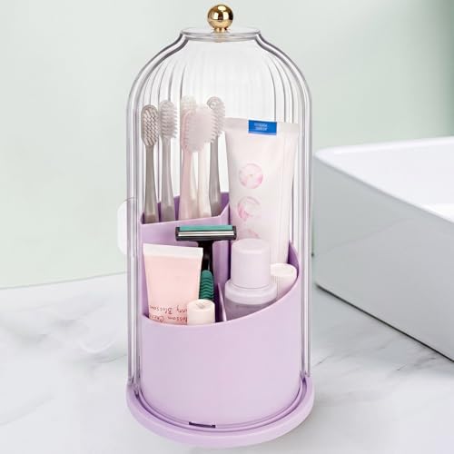 QIYVLOS Toothbrush Holders with Sliding Lid, Rotating 3 Slots Bathroom Organizer Countertop, Tooth Brush Toothpaste Holder Bathroom Counter Stand Sink Organizer for Makeup Brushes Holder (Purple) by QIYVLOS