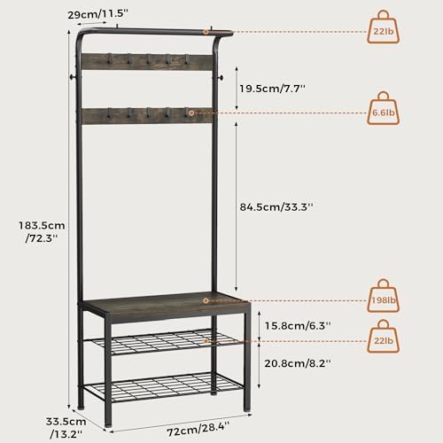 NEWBULIG Coat Rack, Hall Tree with Shoe Bench, 4-in-1 Entryway Organizer with 10 Hooks and Storage Shelf, Rustic Wood Entryway Bench for Mudroom, Living Room, Bedroom, Grey - Image 3