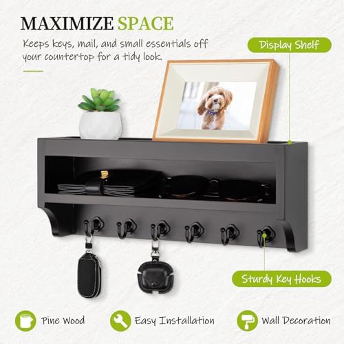 Nekon Key Holder Wall Mount, Pine Wooden Mail Organizer, Black - Image 2