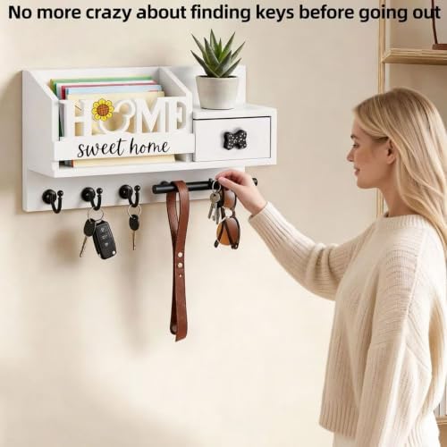 AIRPOP Key Holder Wall Mount-Home Sign Mail and Key Organizer for wall with 3 Hooks and Storage Drawer, Easy Installation Key Rack Hanger for Entryway Living Room House Decor (White) - Image 6