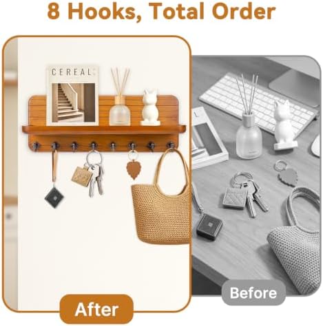 Key Holder for Wall, Mail Organizer Wall Mount with 8 Hooks Wooden Hanging Key Rack for Home Decor, Hallway, Entryway (Yellow) - Image 3
