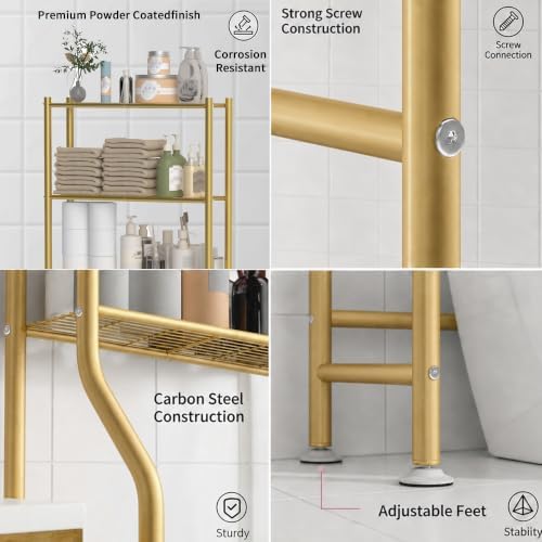 GloTika 3-Tier Over Toilet Storage, Anti-Tilt, 64" H, Gold - Image 4