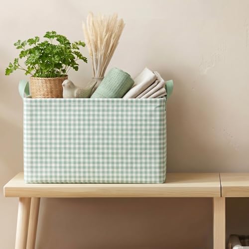 Hushee Green Gingham Basket Checkered Storage Collapsible Bin with Handles - Image 3