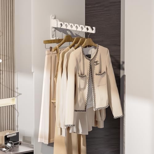 Wall Mount Coat Hanger Holder White Clothes Drying Organizer Rack Garment Hooks Aluminium Retractable Folding Indoor Wall Mounted Hanger Space Saver for Laundry Room Bedroom White 2 Pack with 8 Hooks - Image 7
