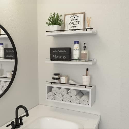 WOPITUES Floating Shelves for Wall with Cube Shelf, Wall Shelves with Metal Rail for Decor, Bathroom Organizers and Storage, Over Toilet Shelves for Bathroom, Toilet Paper-White - Image 6