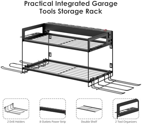CCCEI Garage Tools Storage with Charging Station. Power Tool Battery Organizer Utility Shelf with Power Strip. 4 Drills Holder Wall Mount Rack, Black. - Image 4