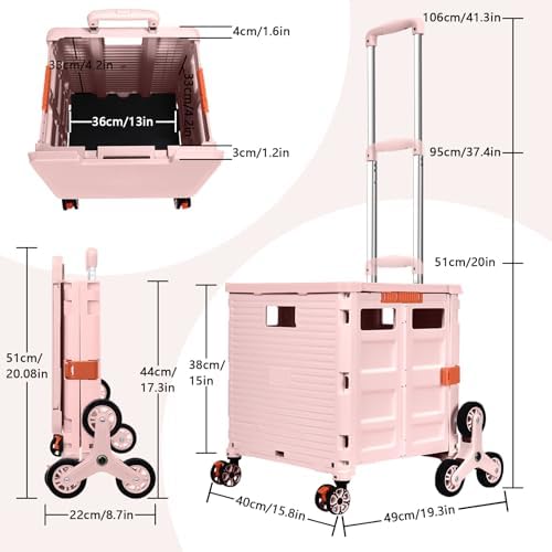 Foldable Utility Cart with Stair Climbing Wheels,Collapsible Rolling Crate with Magnetic Lid Telescopic Cover,Adjustable Telescoping Handle,360° Rotate Wheel Hand Cart for Teacher Shopping Moving - Image 7