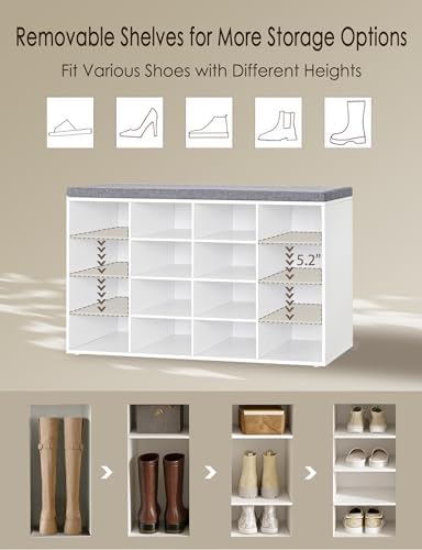 DINZI LVJ Shoe Storage Bench with Cushion, 16-Cubby Shoe Rack with Seat - Image 4