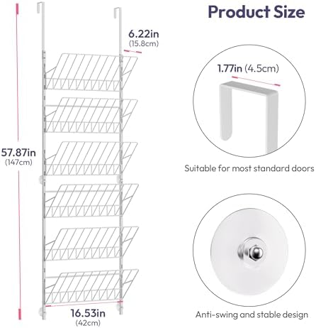 SWTYMIKI Over the Door Shoe Organizer - Adjustable 6 Tier Hanging Shoe Rack Organizer, Metal Heavy Duty Behind Door Storage or Wall Mount Shoes Shelf for Flats, Heels, Sneakers, Boots - Image 2