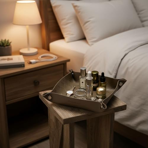 UnionBasic Small Valet Tray, Jewelry Tray for Rings Watches Earrings, Entryway Catchall Caddy for Coins Keys Change, Nightstand Bedside Valet Holder, Trays for Electronic Gadgets, Woven Tobacco Brown - Image 3