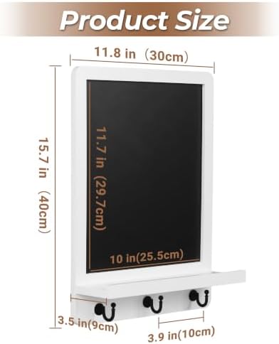 Tirzah 12 x 16 Inch Wall Mounted Magnetic Chalkboard with Shelf and 3 Hooks, White Wood Framed Hanging Memo Board Organizer for Entryway, Kitchen, Home Office - Image 3