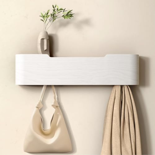 Wall Mounted Coat Rack with Shelf, Wooden Entryway Organizer with Hidden Metal Hooks for Hanging Coats Bags Keys, Modern Floating Shelf for Hallway Bathroom by VERASCOT