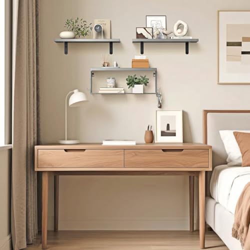 Floating Bathroom Shelves Wall Mounted - Wooden Shelf Set of 3 for Over Toilet Storage & Modern Bathroom Decor - Perfect Wall Shelving Organizer for Apartments RVs Powder Rooms Restroom - Grey - Image 6