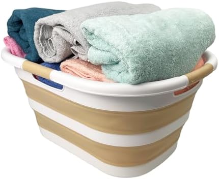 SAMMART 40L (10.5 gallon) Collapsible Plastic Laundry Hamper - Foldable Pop Up Storage Container/Organizer - Portable Washing Tub - Space Saving Basket (1, White/Beige) by SAMMART