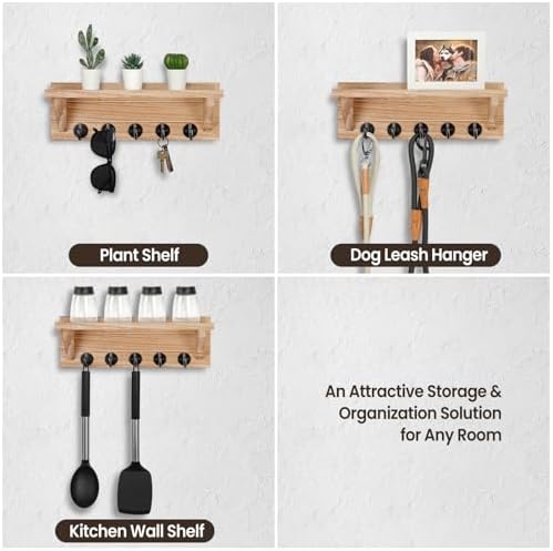 Lwenki Wall Key Holder, Rustic Shelf with Hooks Made of Paulownia Wood Holds Keys, Dog Leash, Bags and More - 13.7" W x 4.7" H x 3.5" D Decorative Key Hanger and Entryway Shelf - Image 6