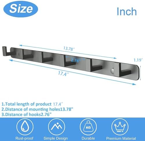 Coat Rack, Heavy Duty Stainless Steel 6 Tri Coat Hook Hanger, Wall Mounted Storage Wall Hooks, Rustic Clothes Hook/Key Hook Rail for Bathroom Kitchen Entryway(6 Hook Grey) - Image 7