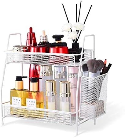 Bathroom Countertop Organizer with Basket, 2-Tier Bathroom Tray for Countertop Storage Shelf, Vanity Organizer and Storage Kitchen Counter Organizers Spice Rack(White) by THENNIKIGO