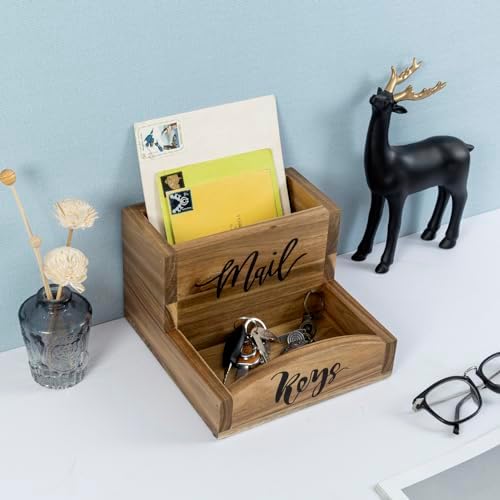 MyGift Premium Acacia Solid Wood Mail Holder and Key Organizer, Entryway Storage Tray or Office Desktop Organizing Bin with Black Cursive Lettering Labels - Image 4