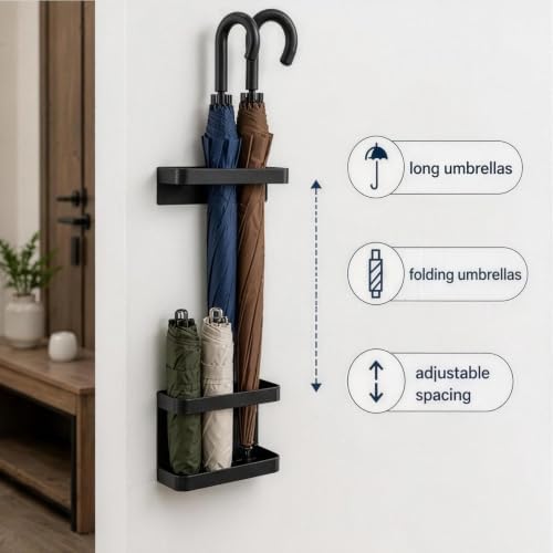 Metal Wall Mounted Umbrella Storage, Umbrella Holder for Entryway, Space Saving Wall Umbrella Rack with Built In Water Tray, Black Metal Umbrella Organizer for Home Office Foyer - Image 4