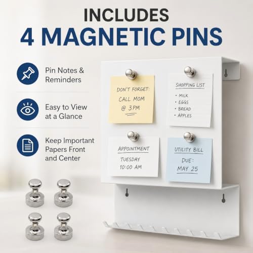 Wall Mounted Key Holder and Mail Organizer with 11 Hooks and 4 Pins,White - Image 7