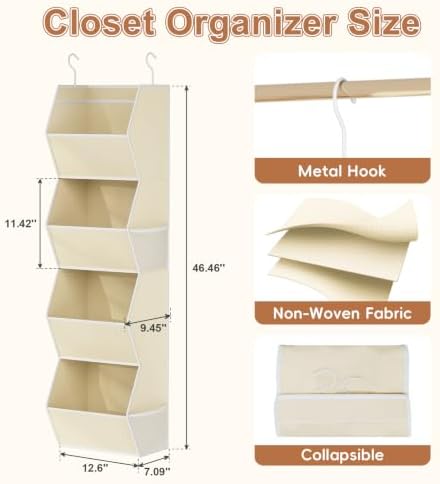4 Shelf Hanging Closet Organizer Closet Storage for Wardrobe 2 Packs Beige | Hanging Storage Organizer for Closet Organizers and Storage, Hanging Clothes Organizer for Closet Organizer Closet Shelves - Image 3