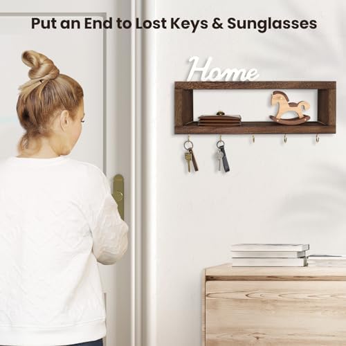 Lwenki Wall Shelf with Hooks - Decorative Key and Wallet Holder for Wall Holds Sunglasses, Leashes, Scarves and Lanyards - 15.7" x 5.1" x 2.9" Entryway Organizer Made of Paulownia Wood (Brown) - Image 7