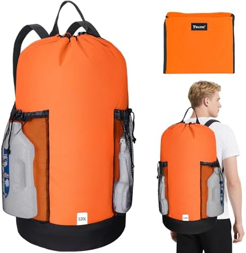 BALEINE 120L Laundry Bag Backpack, 900D Oxford Fabric Large Travel Laundry Bags with Shoulder Straps and 2 Mesh Pockets for College Dorm, Apartment, Laundromat (Orange, 120L) by BALEINE