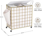 Laundry Basket with Wheels, Heavy Duty Laundry Sorter 3 Sections, 140L (37Gal.) Large Capacity Hamper with Wood Lid, 360 Rolling Wheels, Extra Side Pocket, Leather Pull Handle,Golden+Beige - Image 3