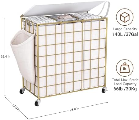 Laundry Basket with Wheels, Heavy Duty Laundry Sorter 3 Sections, 140L (37Gal.) Large Capacity Hamper with Wood Lid, 360 Rolling Wheels, Extra Side Pocket, Leather Pull Handle,Golden+Beige - Image 3