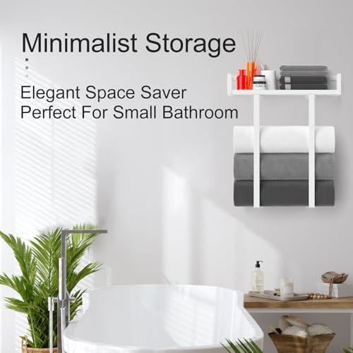 Towel Racks for Bathroom Wall Mounted, Xstydes Metal Towel Holder with Wooden Shelf for Folding Large Towels, Towel Storage for Small Bathroom Organizer Decor or RV Camping,White - Image 3