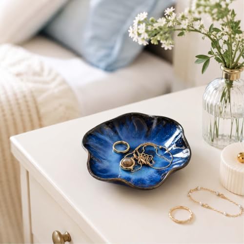 Lotus Leaf Shape Jewelry Dish Tray,Ceramic Blue Trinket Tray(Blue) - Image 4