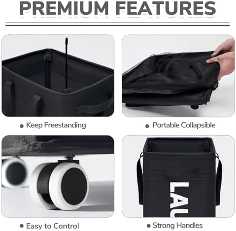 CHICVITA 75L Slim Rolling Laundry Basket with Wheels & Wash Bag, Black - Image 2