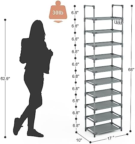 LANTEFUL 10 Tiers Tall Shoe Rack 20-25 Pairs Boots Organizer Storage Sturdy Narrow Shoe Shelf for Entryway, Closets with Hooks, Grey - Image 3
