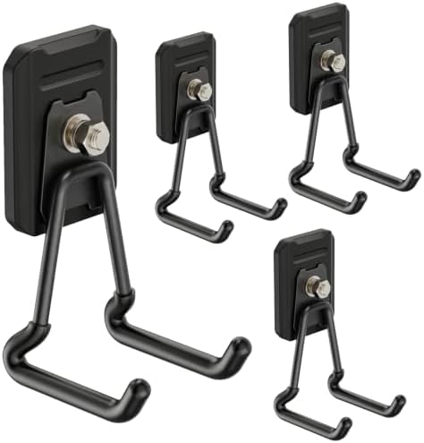 Heavy Duty Magnetic Garage Hooks,4 Pack Strong Large Magnet Hook for Power Drill,Garden Tools,Hose,Pegboard,Garage, Workshop,Magnetic Storage Hooks for Indoor Outdoor Hanging(Black) by SKNOOYLIGHT