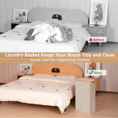 iEGrow 65L Slim Laundry Hamper, Narrow Laundry Basket with Lid,Foldable Clothes Hamper with Bamboo Handles,Hamper Basket with Removable Inner Bag for Laundry Room Bedroom College Dorm,Oatmeal - Image 3