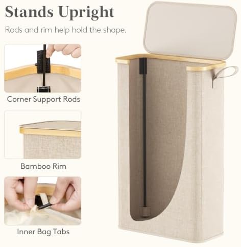 Lifewit 65L Slim Laundry Hamper with Lid and Removable Bag, Beige - Image 4