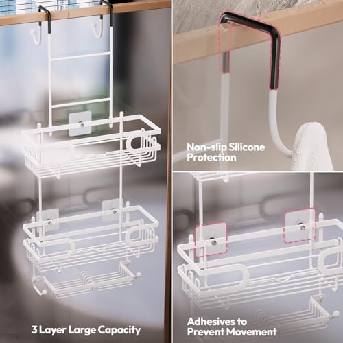 SWTYMIKI Over The Door Shower Caddy With Double Soap Holder, Hanging Shower Caddy With 16 Hooks, No Drilling Hanging Shower Organizer Over Door To Organize Bathroom Essentials, White - Image 6