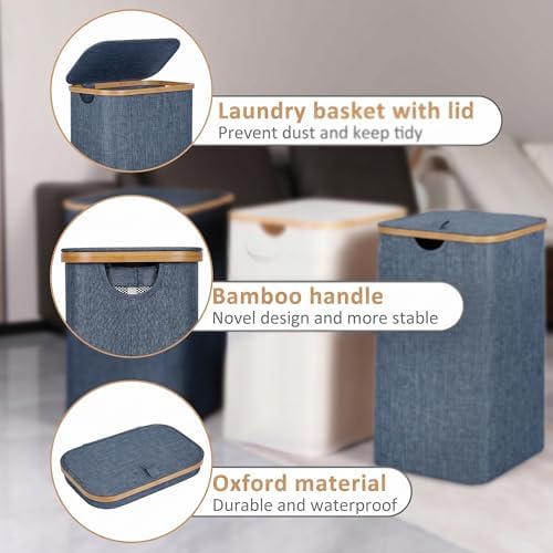 iEGrow 65L Slim Laundry Hamper, Narrow Laundry Basket with Lid,Foldable Clothes Hamper with Bamboo Handles,Hamper Basket with Removable Inner Bag for Laundry Room Bedroom College Dorm,17.17 Gals Blue - Image 5