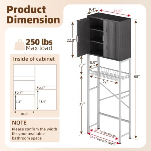 Kalrin Over The Toilet Storage Cabinet with Fluted Wave Doors and Adjustable Shelf, Wood Over Toilet Storage Rack with Drain Basket, Freestanding Bathroom Organizer for Balcony Laundry, Black & White - Image 2