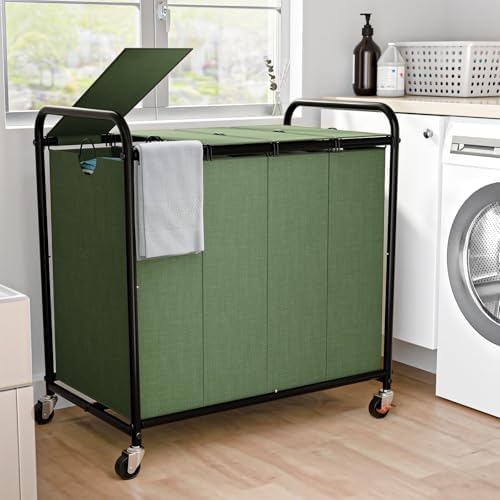 Laundry Sorter 4 Sections 48 Gal, Rolling Laundry Basket with Wheels ＆ Lid by OLLDIDE