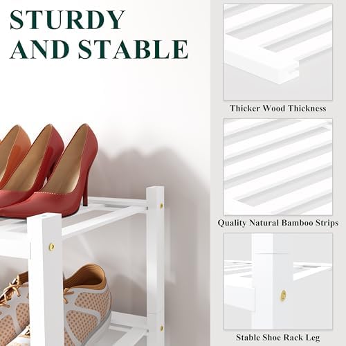 Smiry Bamboo Shoe Rack, 8 Vertical Slats, 2 Tier - 17.3" Wide, White - Image 3