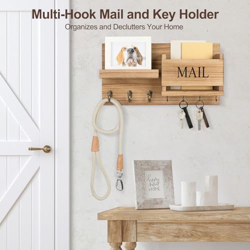 Lwenki Mail Organizer for Wall Mount – Key Holder with Shelf Includes Letter Holder and Hooks for Hallway Farmhouse Decor – Rustic Wood with Flush Mounting Hardware (16.5” x 9.1” x 3.4”) (Wood) - Image 3