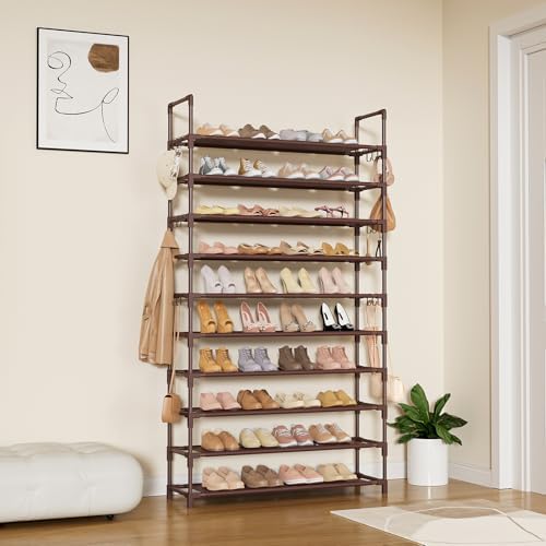 LANTEFUL Tall Shoe Rack 10 Tier Shoe Organizer Large Shoe Shelf with 18 Hooks Storage for 50 Pair Sneaker and Boot, Stackable Vertical Shoe Rack Organizer for Closet, Entryway, Bedroom, Brown - Image 2
