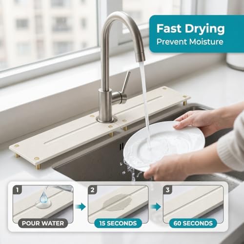 2PCS Stone Faucet Mat for Kitchen Sink, Water Absorbing Sink Tray Organizer for Bathroom Counter, Diatomite Soap Dish Coaster Caddy Riser, Sponge Holder Dispenser Mat, Gold White 23.6" x 4", 1 Set - Image 3