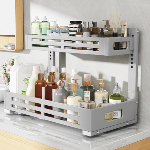2 Pack 21IN-Depth Under Sink Organizer,Pull Out Cabinet Organizer With Smooth Cylindrical Rail,Metal Slide Out Drawer for Kitchen Bathroom Laundry,8-Level Tool Free Height Adjustable-Gun Gray - Image 5
