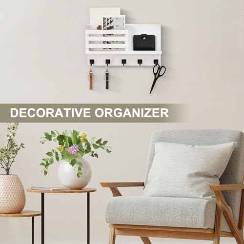Key Holder Wall Mount, Mail Organizer for Wall with 5 Square Key Hooks - Image 3