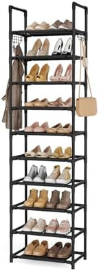 LANTEFUL 10 Tiers Shoe Rack 25 Pairs Large Capacity Tall Shoe Organizer Sturdy Shoe Storage with Two Hooks Space Saving Metal Narrow Shoe Rack for Closet, Entryway, Bedroom, Black by LANTEFULforTidyingHouse