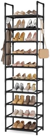 LANTEFUL 10 Tiers Shoe Rack 25 Pairs Large Capacity Tall Shoe Organizer Sturdy Shoe Storage with Two Hooks Space Saving Metal Narrow Shoe Rack for Closet, Entryway, Bedroom, Black by LANTEFULforTidyingHouse