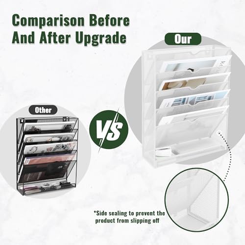 EASEPRES 6 Tier Mesh Hanging Wall File Organizer, Desk Vertical Mail Paper Document Folder Holder Rack with Bottom Tray and Nametag Label for Office Home School, White - Image 3