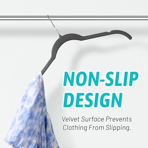 Sishynio Velvet Hangers 100 Pack, Non-Slip Slim Felt Clothes Hangers Black | Space-Saving Closet Organization; Flocked Surface; 360° Swivel Hooks; For Shirts, Coats, Dresses, Blouses - Image 5